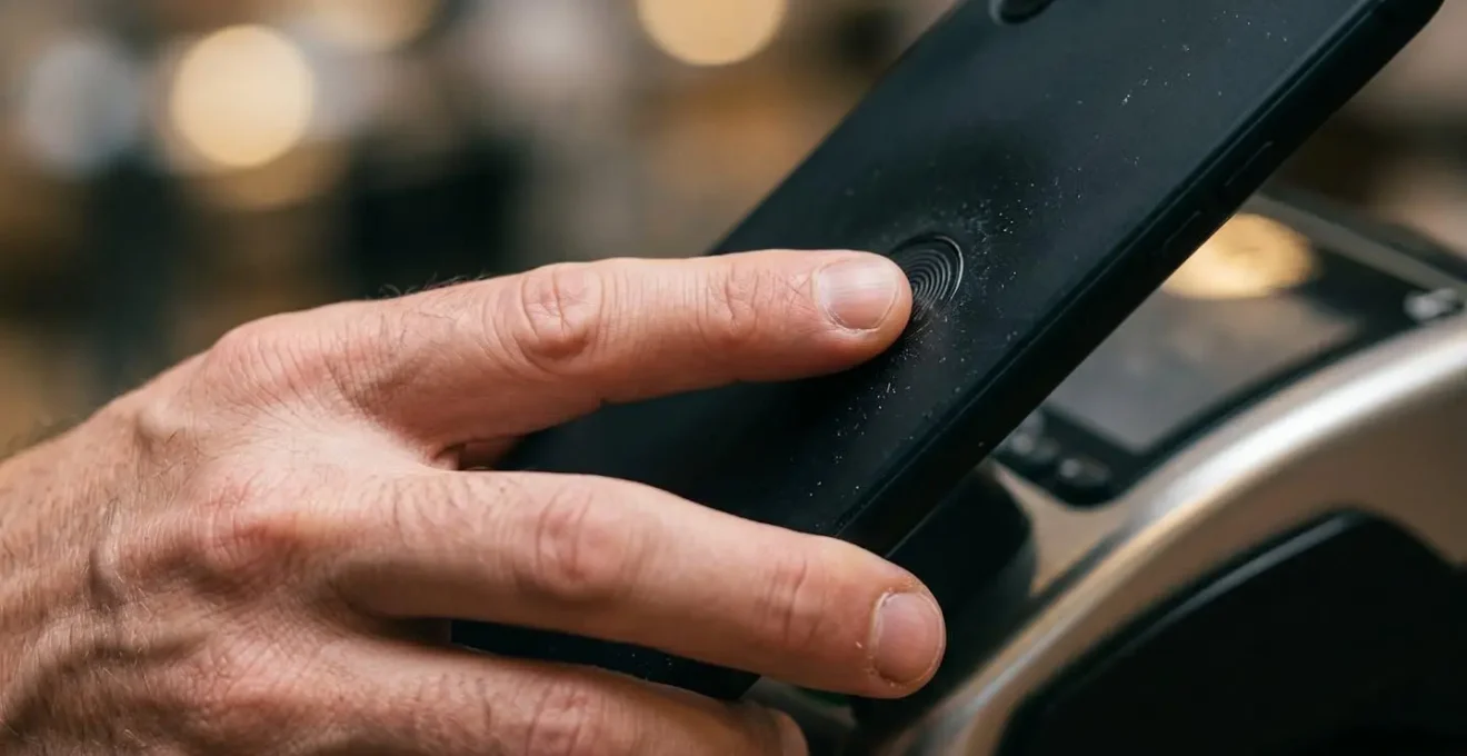 Gros plan sur une main présentant un smartphone pour un paiement sans contact biométrique
