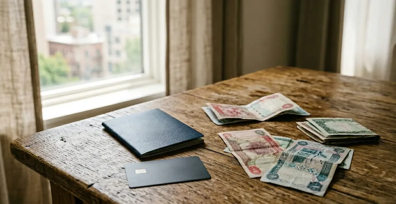 Carte bancaire internationale posée sur une surface en bois avec passeport et billets étrangers en arrière-plan flou