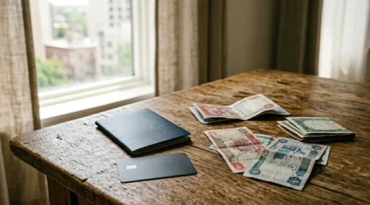 Carte bancaire internationale posée sur une surface en bois avec passeport et billets étrangers en arrière-plan flou