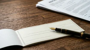 Chèque vierge avec stylo posé sur un contrat de bail immobilier, évoquant les risques juridiques d'une garantie locative