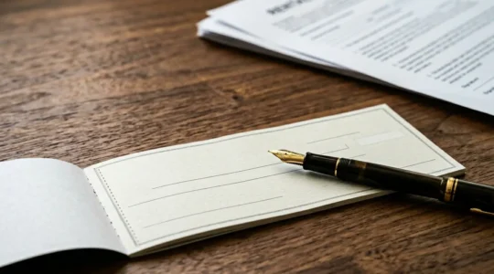 Chèque vierge avec stylo posé sur un contrat de bail immobilier, évoquant les risques juridiques d'une garantie locative