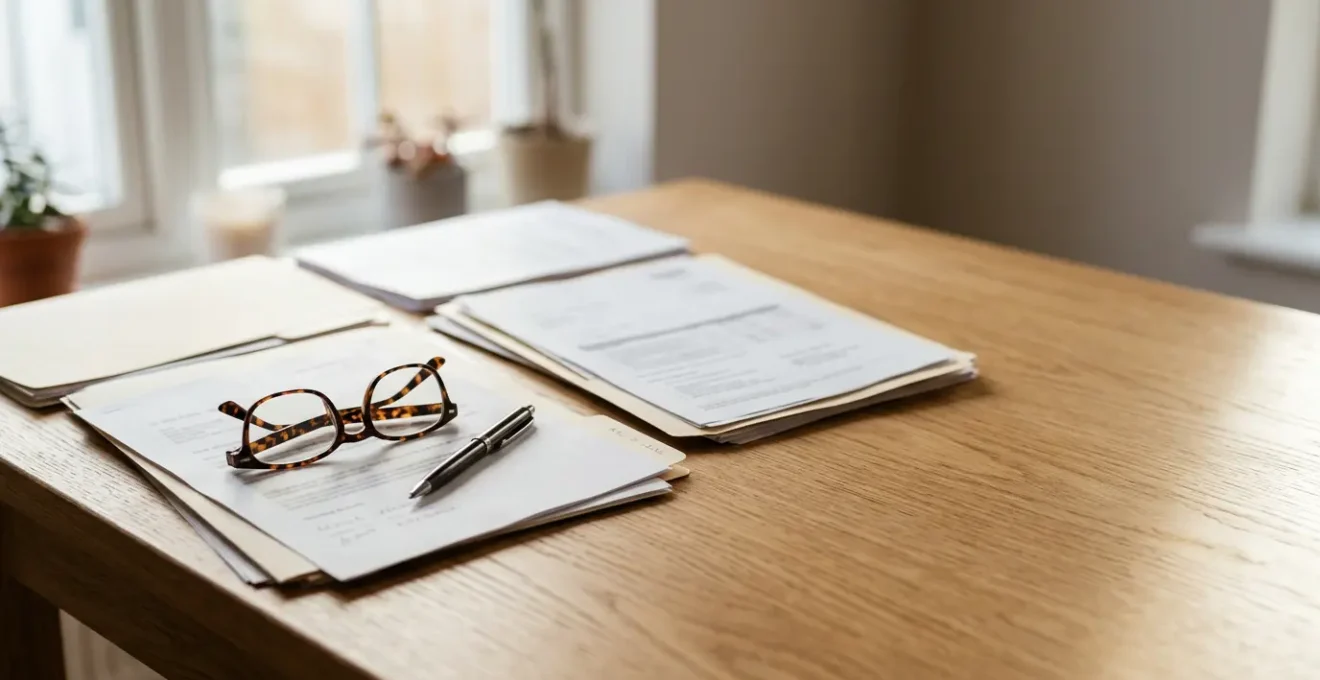 Document administratif de relevé de carrière retraite avec stylo et lunettes sur bureau lumineux