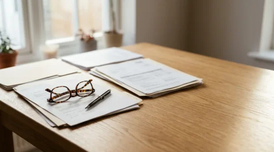 Document administratif de relevé de carrière retraite avec stylo et lunettes sur bureau lumineux
