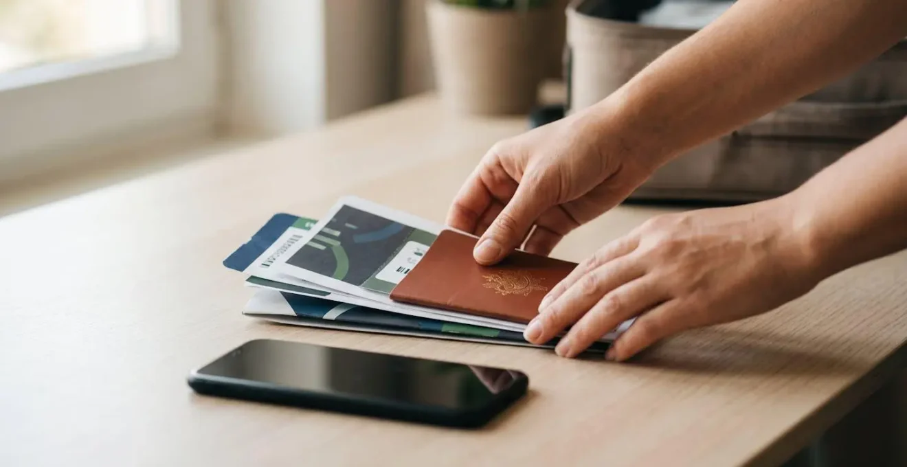 Vue rapprochée de mains organisant des documents de voyage avec smartphone et passeport sur bureau épuré