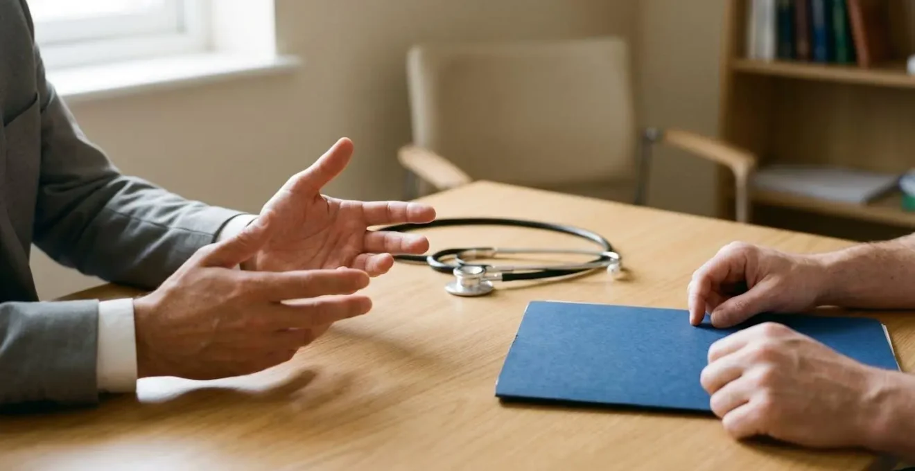 Scène évoquant une consultation médicale d'expertise en contexte d'évaluation d'invalidité