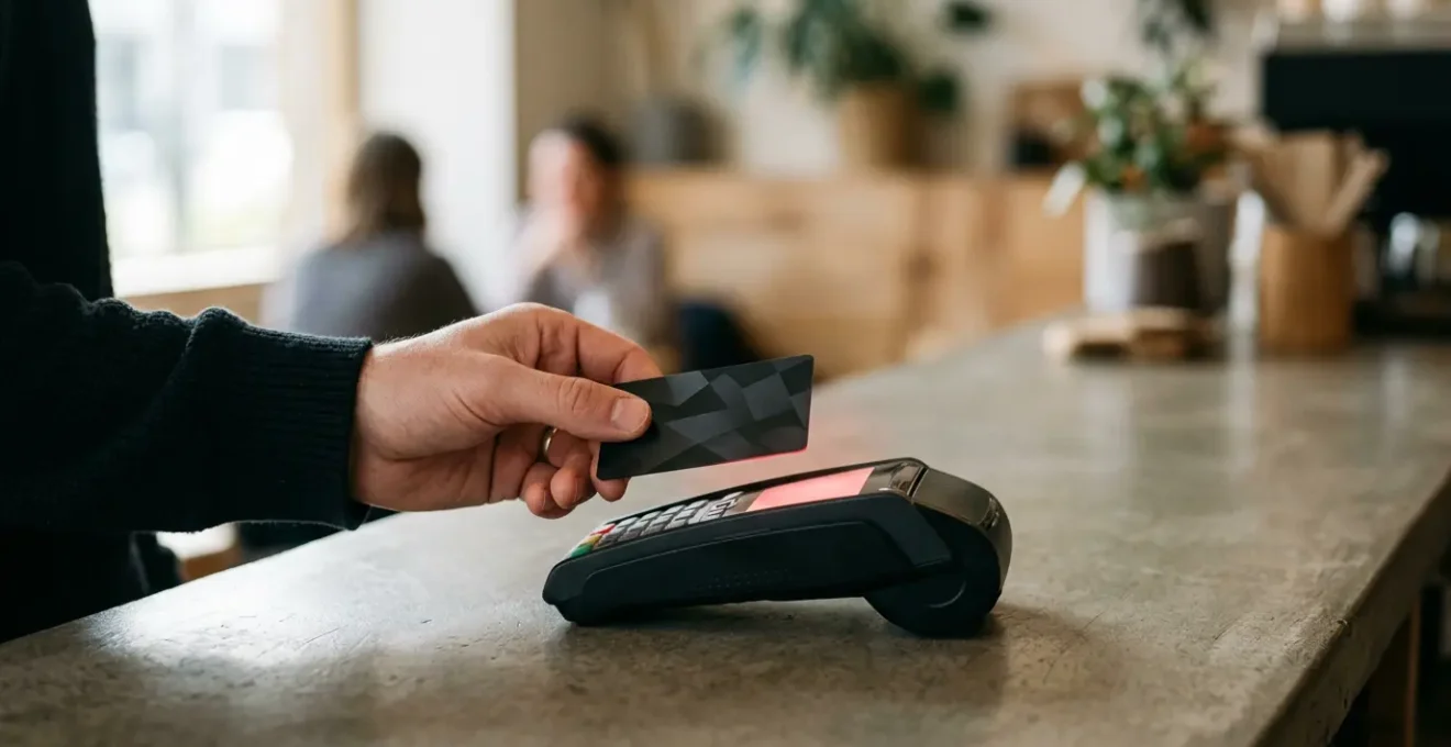 Main tenant une carte bancaire devant un terminal de paiement affichant un refus