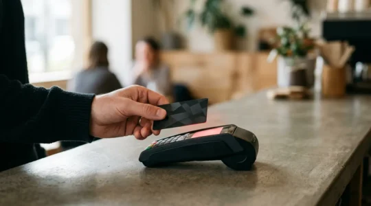 Main tenant une carte bancaire devant un terminal de paiement affichant un refus