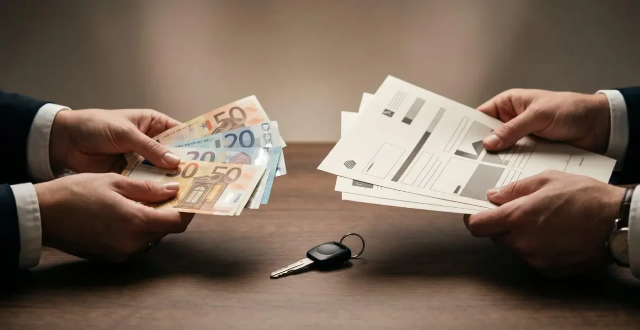 Illustration conceptuelle d'une transaction automobile documentée entre particuliers