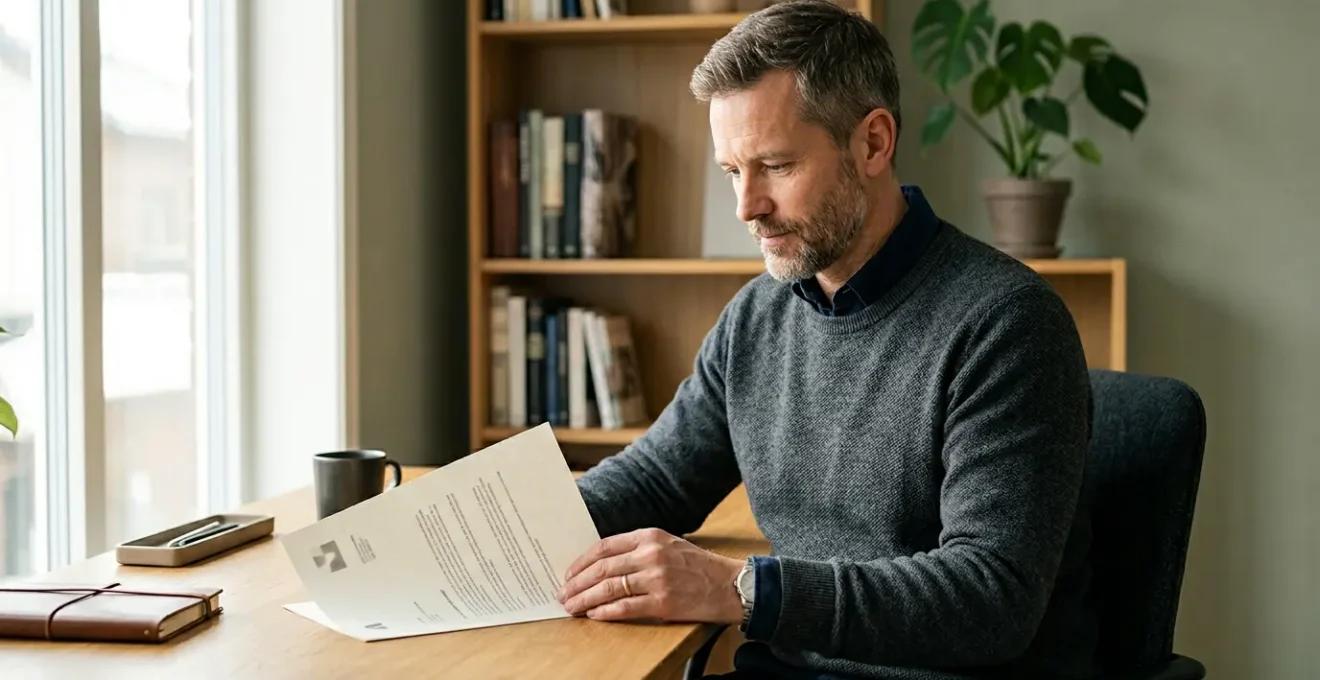 Professionnel face a un document officiel fiscal avec approche methodique et calme