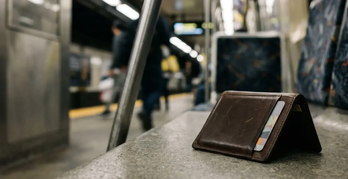Portefeuille minimaliste protégeant une carte bancaire dans un environnement urbain