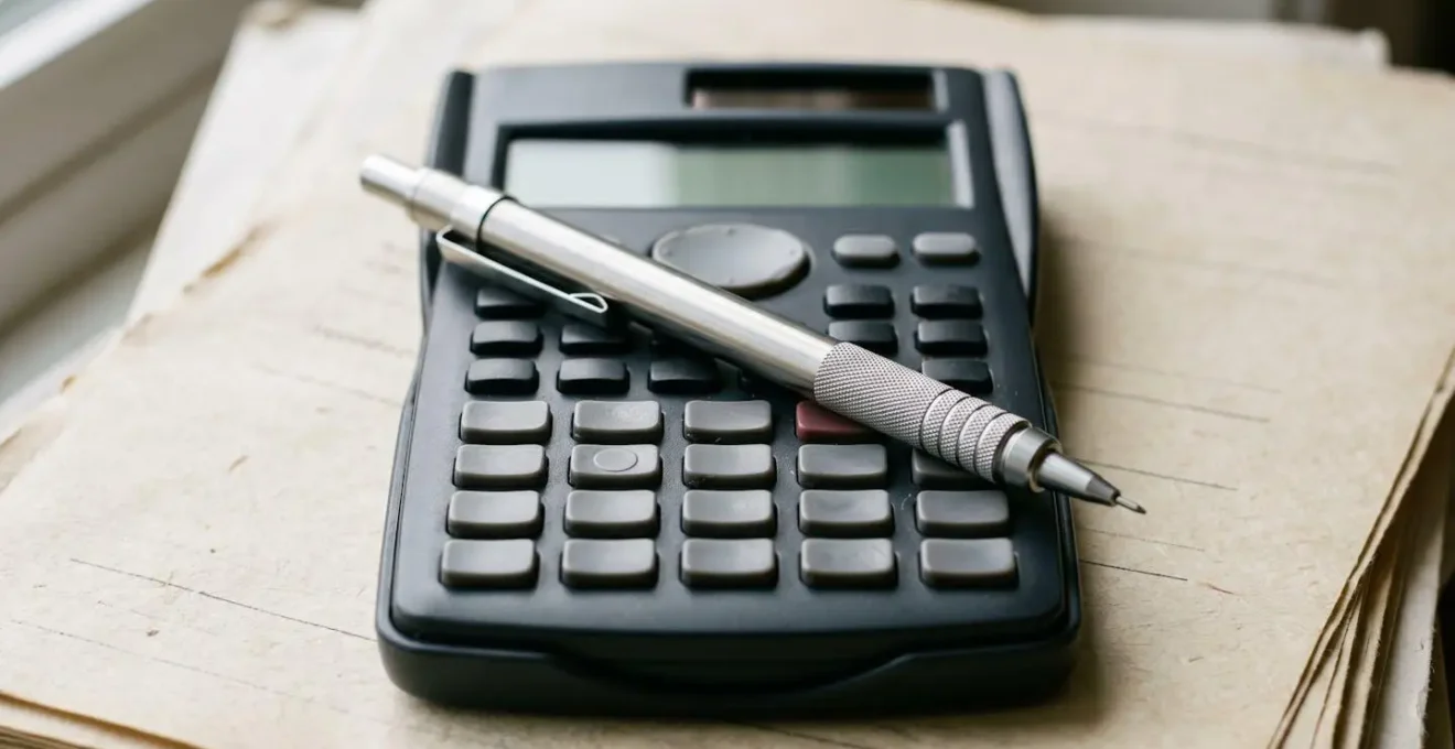 Calculatrice et stylo posés sur des documents bancaires, illustrant le contrôle des finances personnelles