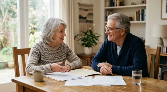 Couple de seniors dans un intérieur lumineux réfléchissant à leur avenir financier
