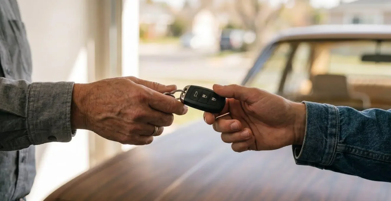 Main tenant des clés de voiture au-dessus d'une table, symbolisant l'échange lors d'une vente entre particuliers