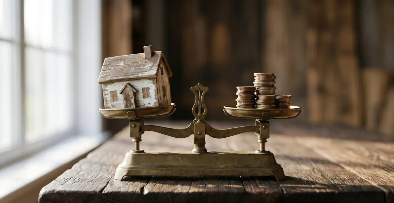 Représentation symbolique d'une balance avec deux plateaux contrastés illustrant le choix entre viager libre et occupé
