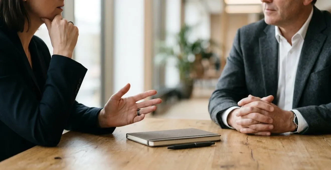 Echange professionnel serein entre deux personnes lors d'un entretien administratif avec attitude reflechie