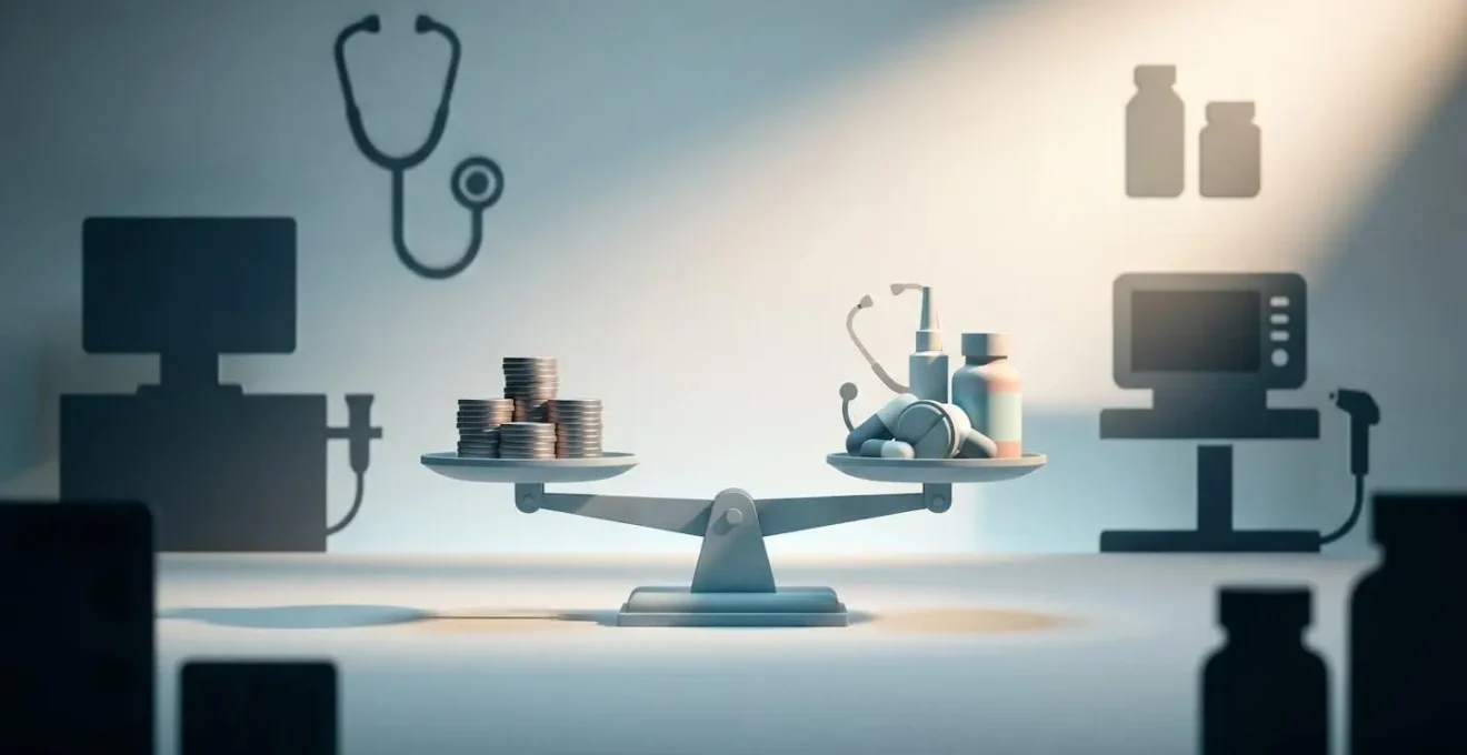 Mise en scène symbolique des économies réalisées sur les équipements de santé grâce aux réseaux de soins.