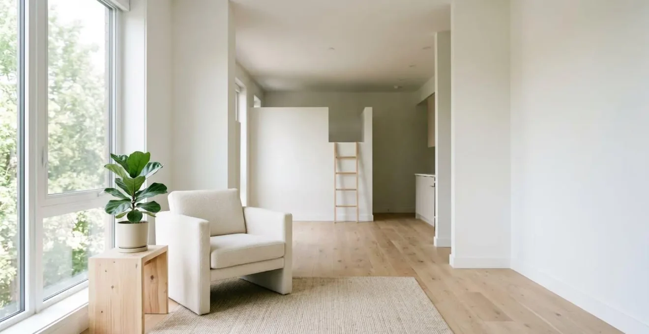 Intérieur épuré d'un petit appartement moderne avec grande fenêtre et lumière naturelle