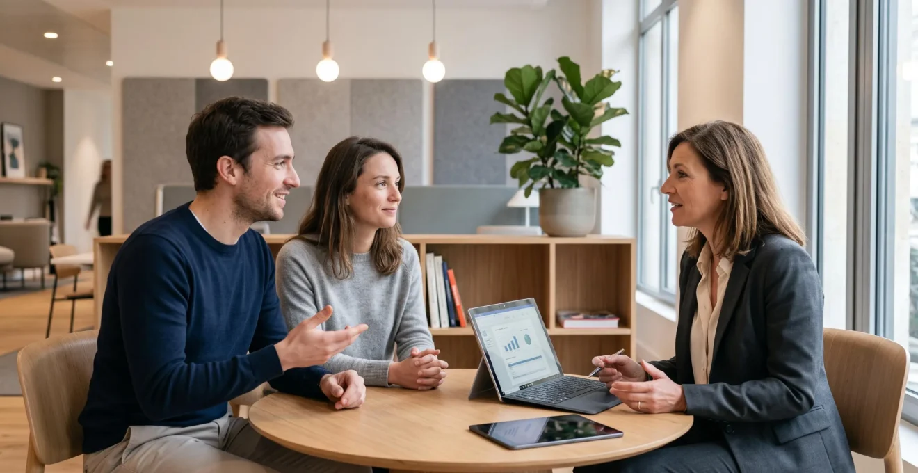 Jeune couple en consultation avec une conseillère bancaire dans un espace moderne, combinant échange humain et outils digitaux