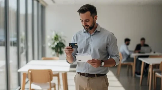 Entrepreneur français debout dans un espace de coworking tenant sa nouvelle carte bancaire professionnelle reçue par courrier