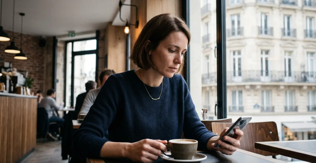 Jeune professionnel consultant son application bancaire mobile dans un café parisien moderne près d'une fenêtre