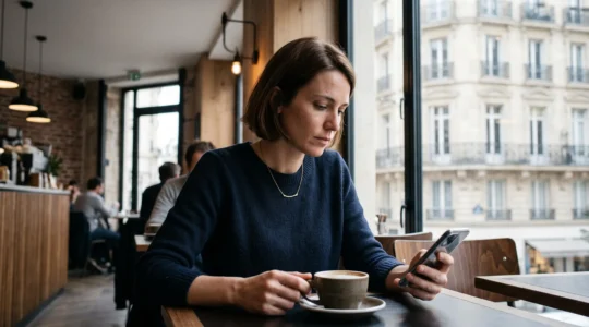 Jeune professionnel consultant son application bancaire mobile dans un café parisien moderne près d'une fenêtre