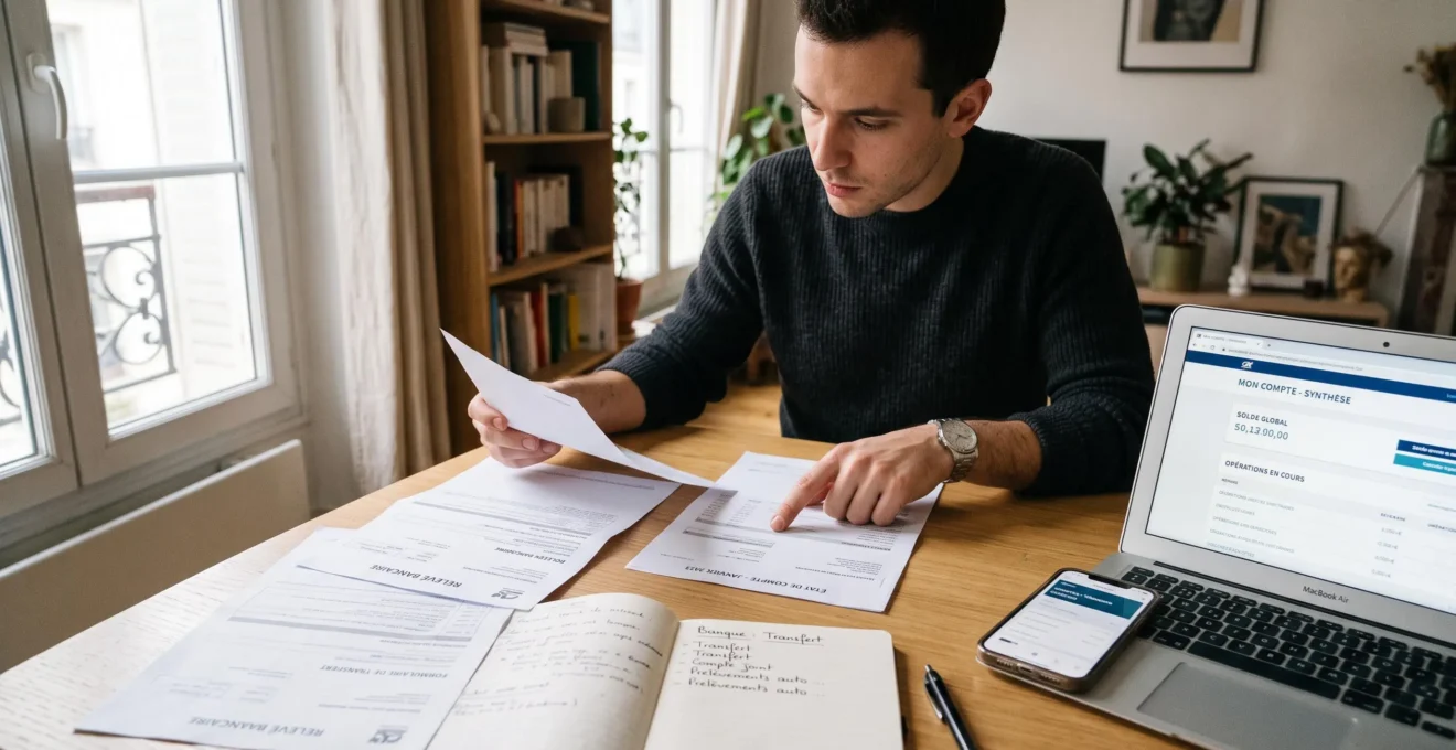 Jeune homme organisant sa transition bancaire à domicile avec documents et outils digitaux sur une table