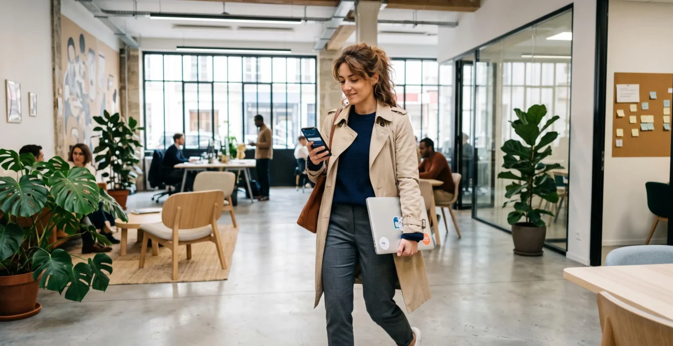 Jeune femme professionnelle effectuant une opération bancaire mobile en déplacement dans un espace de coworking moderne