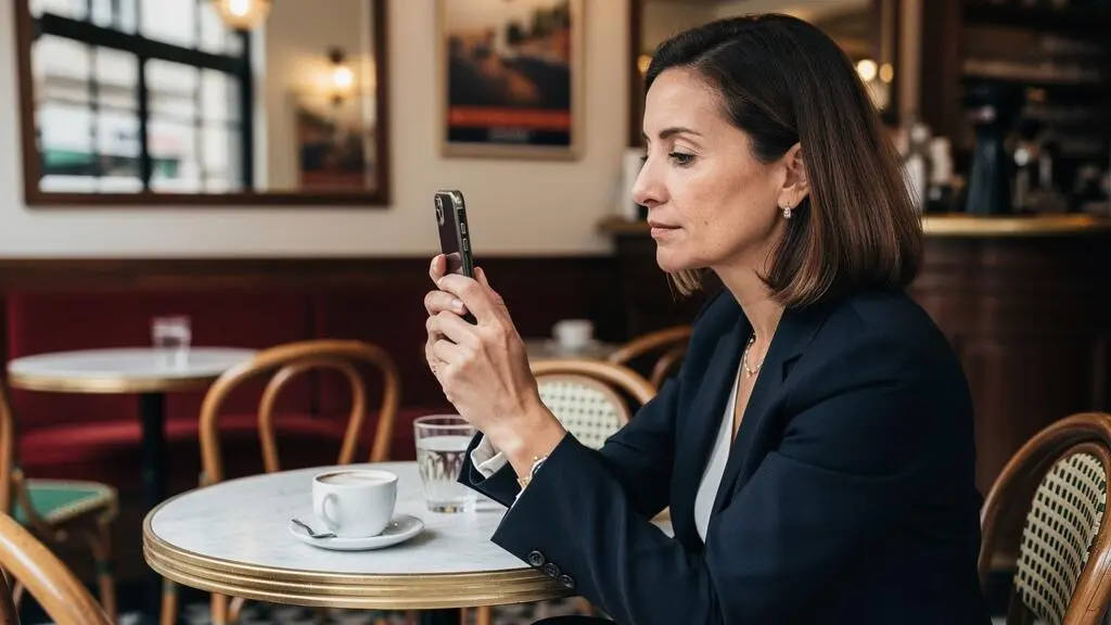 Créatrice d'entreprise effectuant la vérification d'identité par selfie sur son smartphone dans un café français Créatrice d'entreprise effectuant la vérification d'identité par selfie sur son smartphone dans un café français